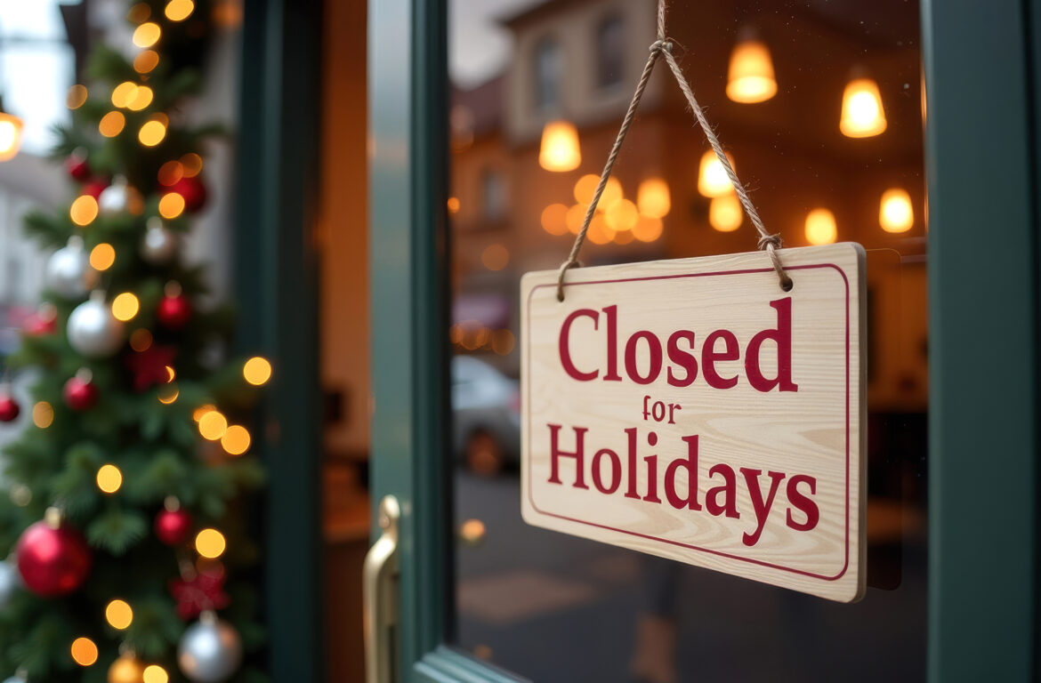 A wooden sign with the words closed on it on the door of a shop with Christmas decorations
