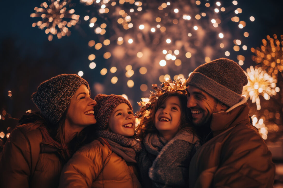 Happy family watching fireworks display celebrating new year’s eve together