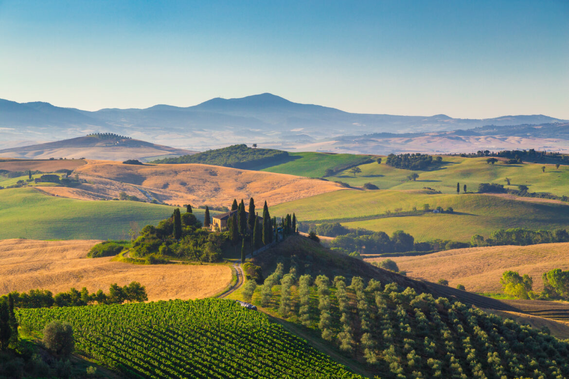 Scenic Tuscany landscape at sunrise, Val d’Orcia, Italy